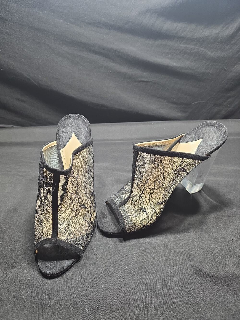 Paul Andrew Celeste Lucite-Heel Lace & Suede Peep-Toe Mule Sandle Size 8.5